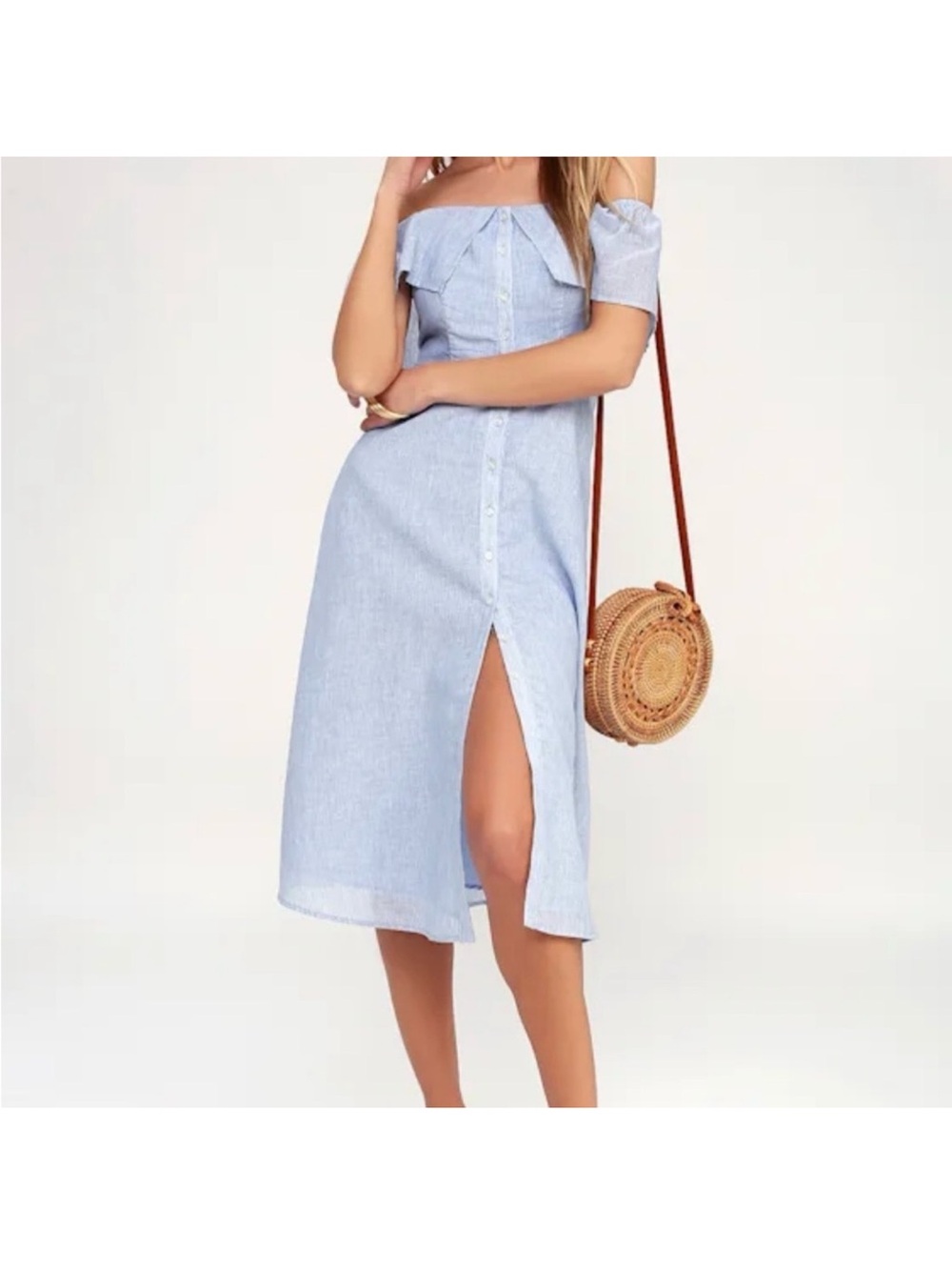 BB Dakota Jeanne blue and white striped off-the-shoulder midi dress